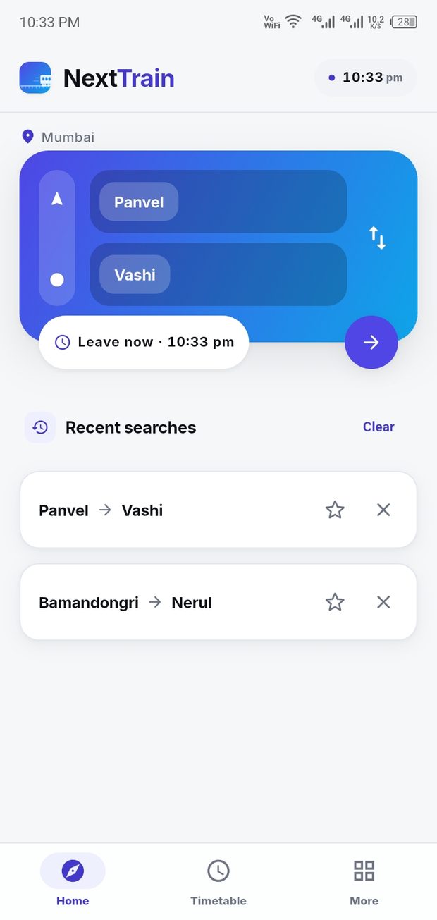 NextTrain home screen with a Panvel to Vashi journey and recent searches