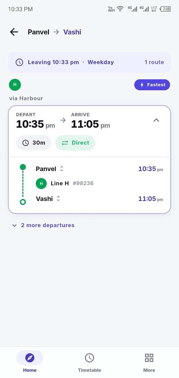 Journey results from Panvel to Vashi showing a 30 minute direct train