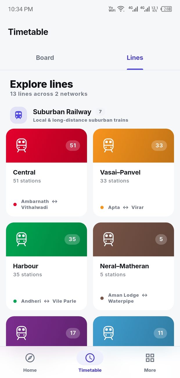 Explore lines screen showing Central, Vasai-Panvel, Harbour and Neral-Matheran lines